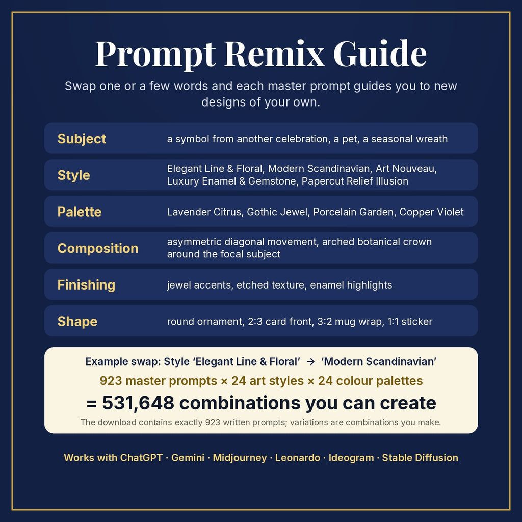 Prompt Remix Guide: swap subject, style, palette, composition, finishing and shape; 923 master prompts × 24 styles × 24 palettes = 531,648 combinations you can create