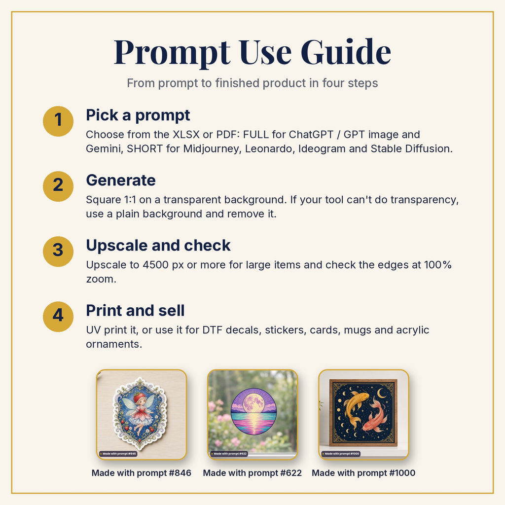 Prompt Use Guide: pick a prompt, generate, upscale and check, then print and sell, with example products made with prompts #846, #622 and #1000