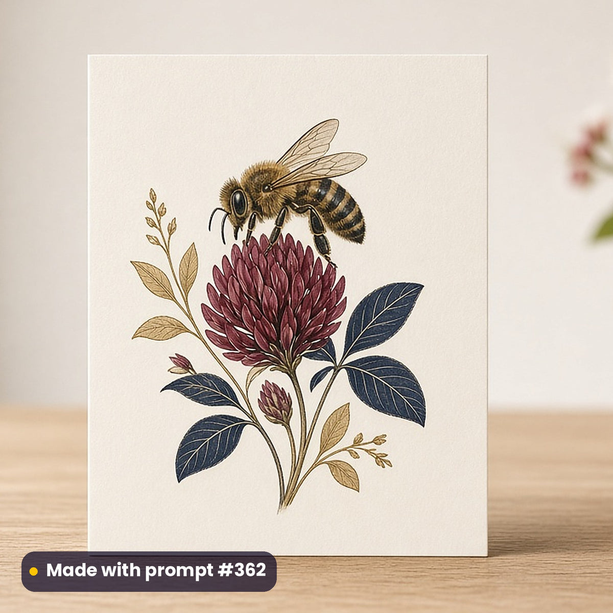St Patrick's Day artwork printed on a flat-printed greeting card: bee resting on a clover flower, elegant line & floral style, made with prompt #362 from this pack