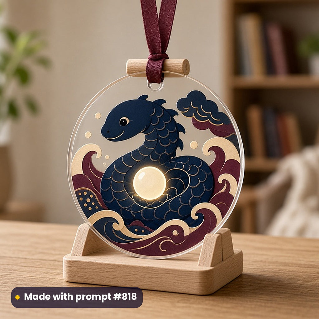 Fantasy Creatures artwork printed on a UV-printed clear acrylic ornament: sea serpent with pearl, papercut relief illusion style, made with prompt #818 from this pack