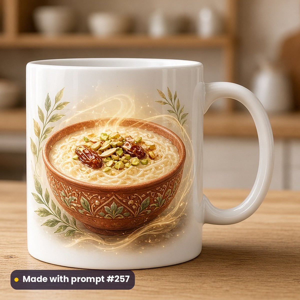 Eid al-Fitr artwork printed on a UV-printed ceramic mug: bowl of sheer khurma with dates and vermicelli, fantasy luminous style, made with prompt #257 from this pack