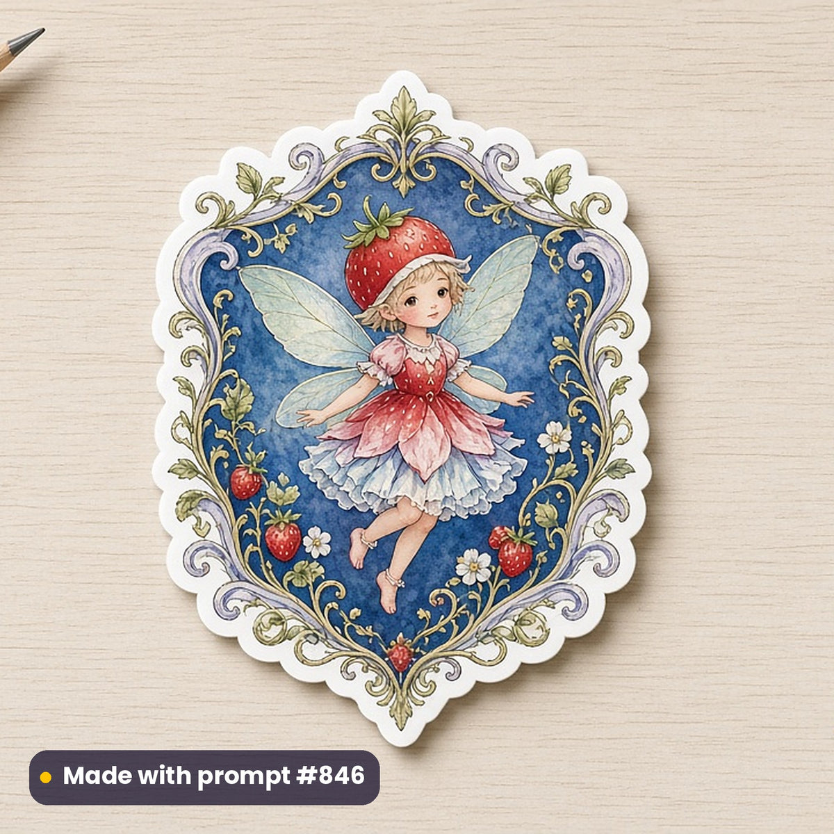 Food & Sweet Treats artwork printed on a die-cut vinyl sticker: strawberry fairy, fantasy heraldic style, made with prompt #846 from this pack