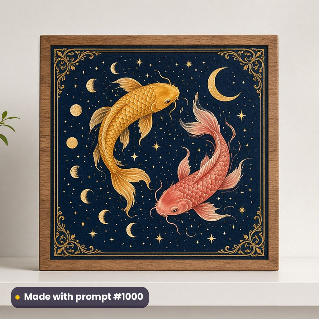 Celestial & Astrology artwork printed on a UV-printed wooden plaque: twin celestial koi, gothic romantic style, made with prompt #1000 from this pack