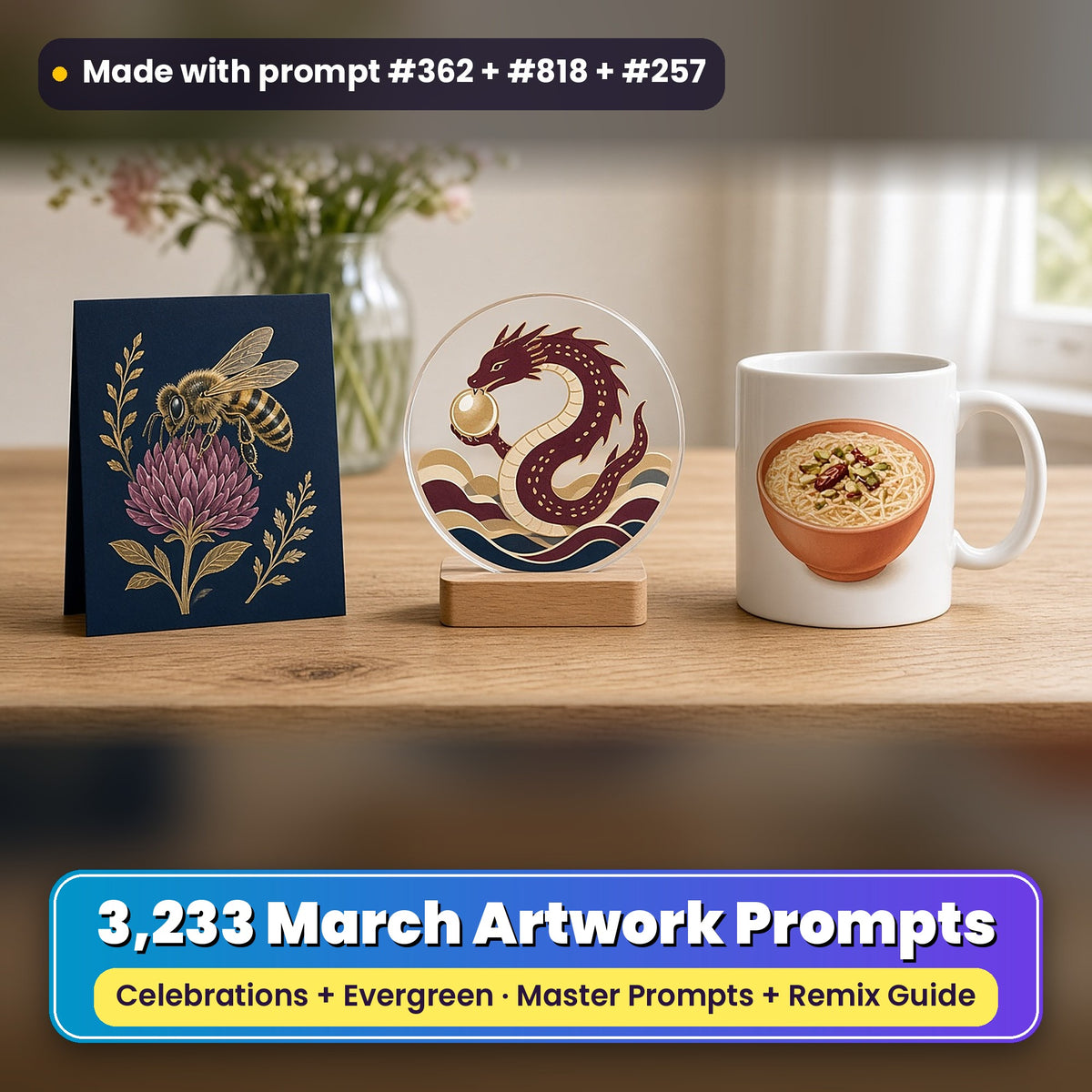 Complete March prompt library: 3,233 master prompts + Remix Guide, with a UV-printed greeting card, acrylic ornament and mug set made with prompts #362, #818 and #257