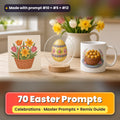 Easter prompt pack: 70 master prompts + Remix Guide, with a UV-printed greeting card, acrylic ornament and mug set made with prompts #10, #5 and #12