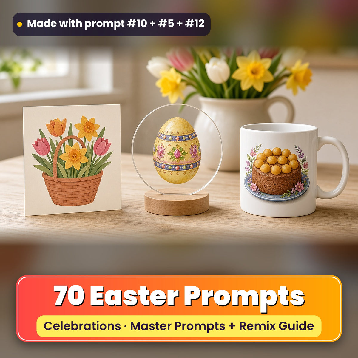 Easter prompt pack: 70 master prompts + Remix Guide, with a UV-printed greeting card, acrylic ornament and mug set made with prompts #10, #5 and #12