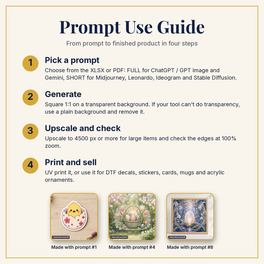 Prompt Use Guide: pick a prompt, generate, upscale and check, then print and sell, with example products made with prompts #1, #4 and #8