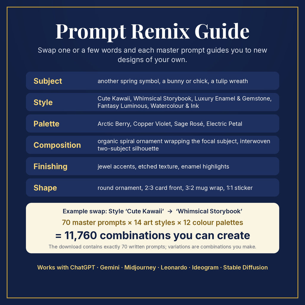 Prompt Remix Guide: swap subject, style, palette, composition, finishing and shape; 70 master prompts × 14 styles × 12 palettes = 11,760 combinations you can create