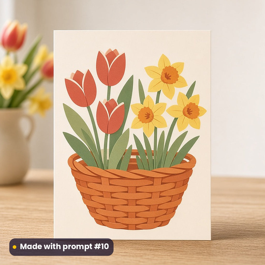 Easter artwork printed on a flat-printed greeting card: tulips and daffodils in a basket, papercut relief illusion style, made with prompt #10 from this pack