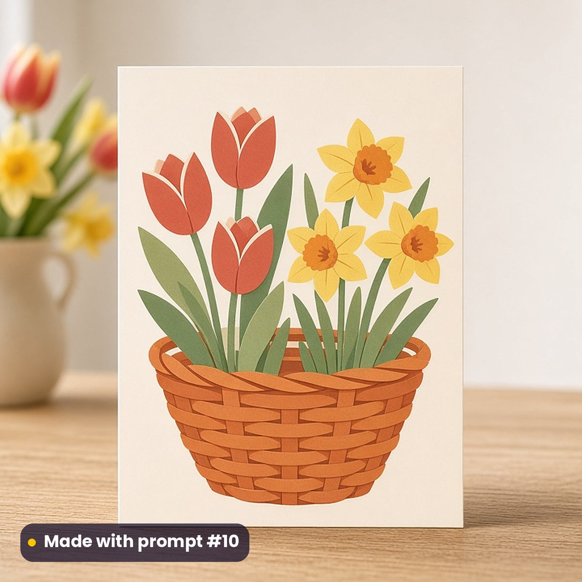 Easter artwork printed on a flat-printed greeting card: tulips and daffodils in a basket, papercut relief illusion style, made with prompt #10 from this pack