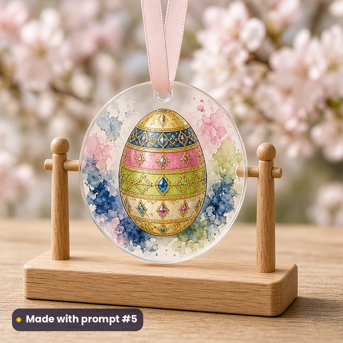 Easter artwork printed on a UV-printed clear acrylic ornament: golden egg with jewelled bands, watercolour & ink style, made with prompt #5 from this pack