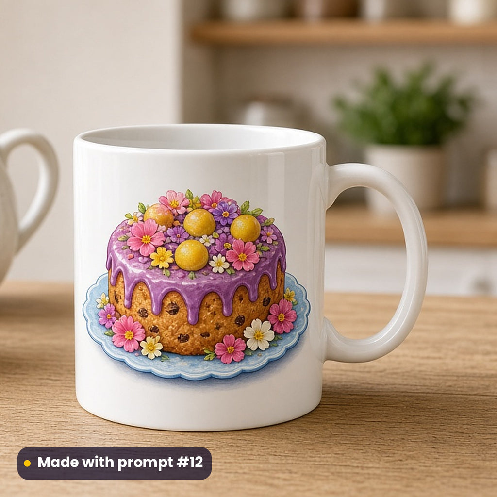 Easter artwork printed on a UV-printed ceramic mug: simnel cake with marzipan balls, cottagecore style, made with prompt #12 from this pack