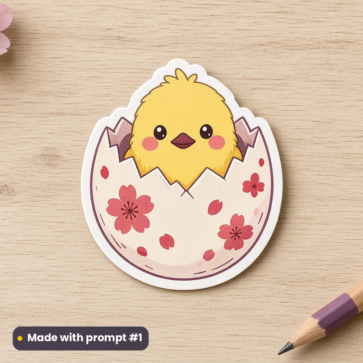 Easter artwork printed on a die-cut vinyl sticker: cracked egg with a fluffy chick peeping out, cute kawaii style, made with prompt #1 from this pack