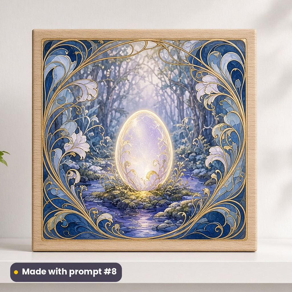 Easter artwork printed on a UV-printed wooden plaque: fantasy egg glowing in an enchanted forest, art nouveau style, made with prompt #8 from this pack