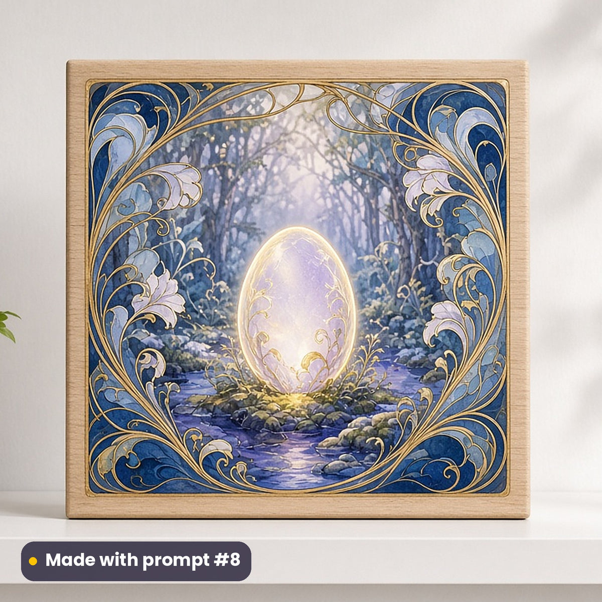 Easter artwork printed on a UV-printed wooden plaque: fantasy egg glowing in an enchanted forest, art nouveau style, made with prompt #8 from this pack