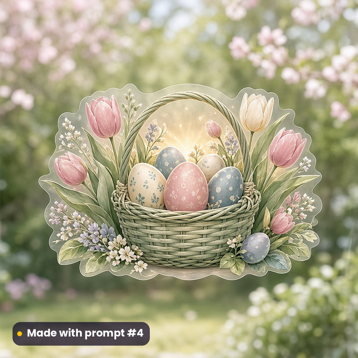 Easter artwork printed on a UV DTF decal on glass: Easter egg hunt basket among tulips, fantasy luminous style, made with prompt #4 from this pack