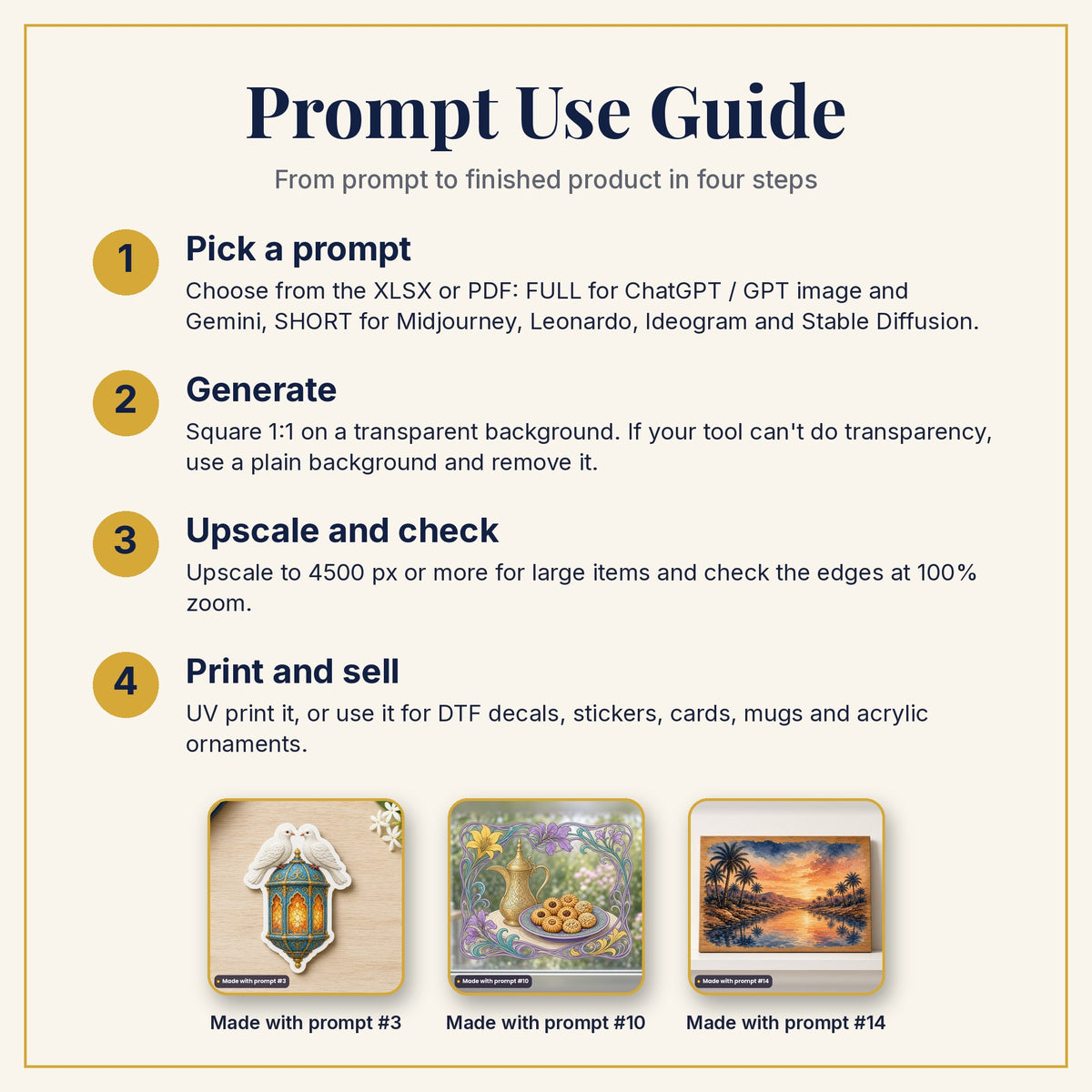 Prompt Use Guide: pick a prompt, generate, upscale and check, then print and sell, with example products made with prompts #3, #10 and #14