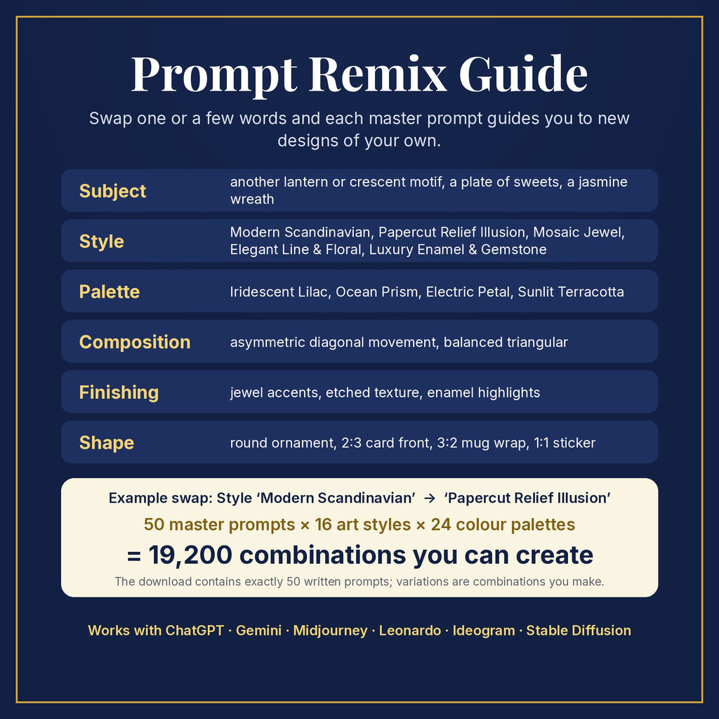 Prompt Remix Guide: swap subject, style, palette, composition, finishing and shape; 50 master prompts × 16 styles × 24 palettes = 19,200 combinations you can create
