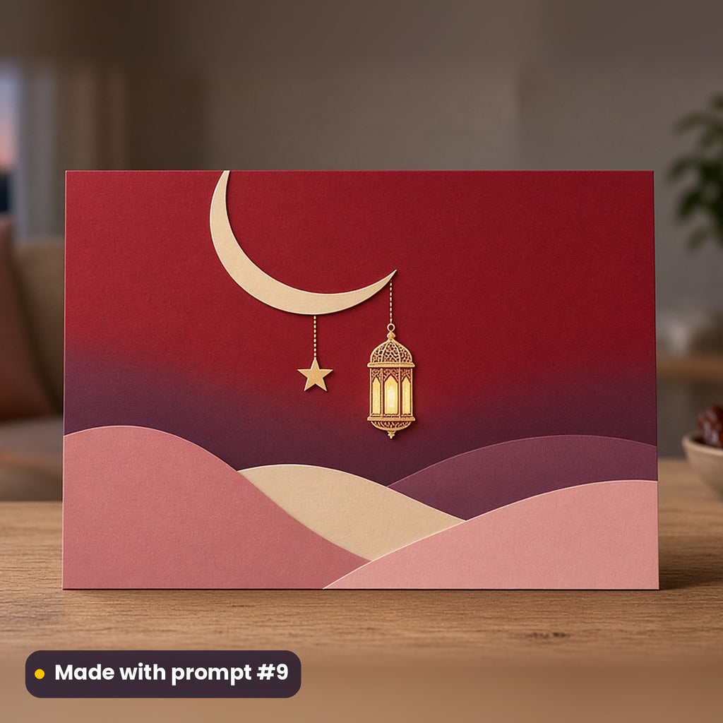 Eid al-Fitr artwork printed on a flat-printed greeting card: crescent moon with a hanging star and lantern, papercut relief illusion style, made with prompt #9 from this pack