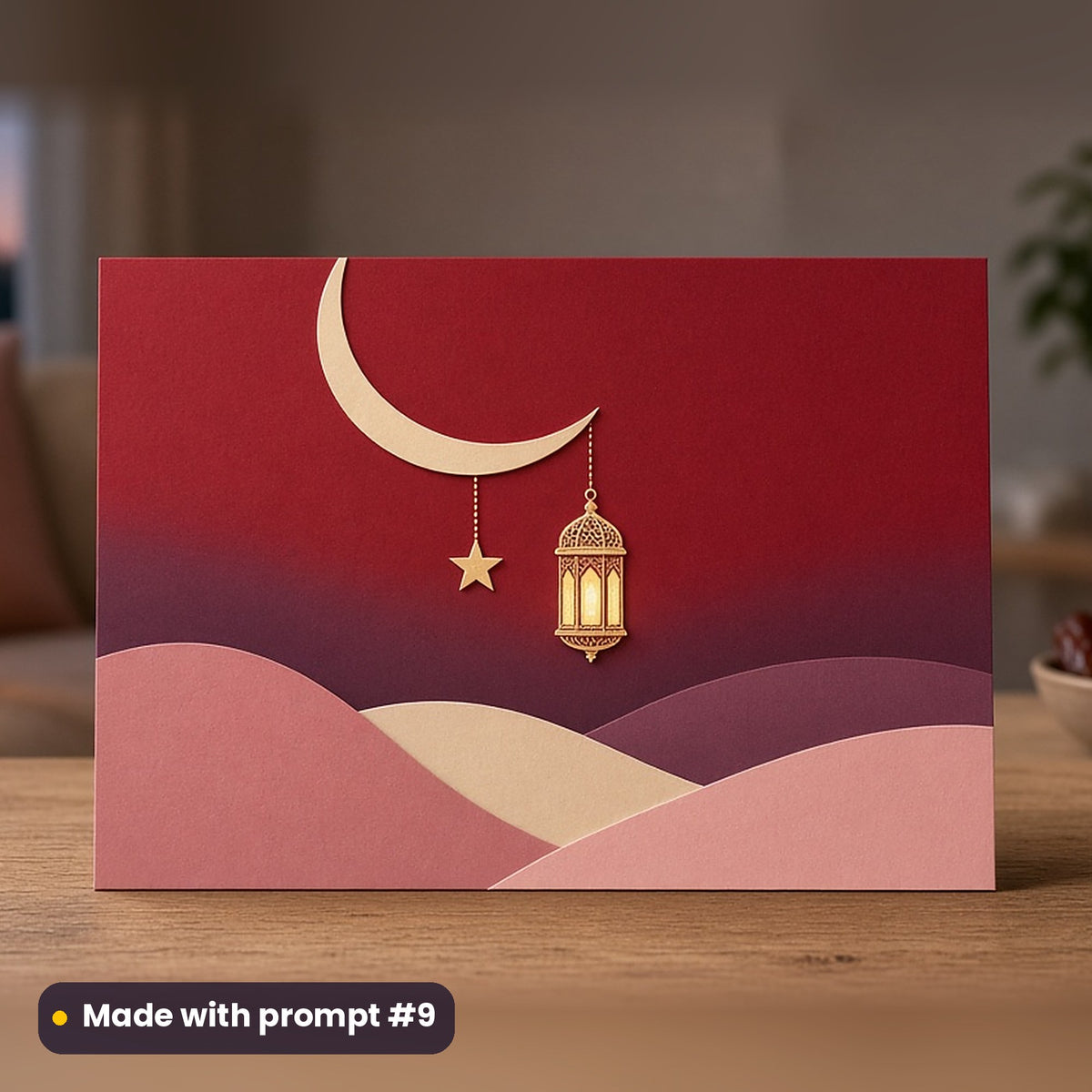 Eid al-Fitr artwork printed on a flat-printed greeting card: crescent moon with a hanging star and lantern, papercut relief illusion style, made with prompt #9 from this pack