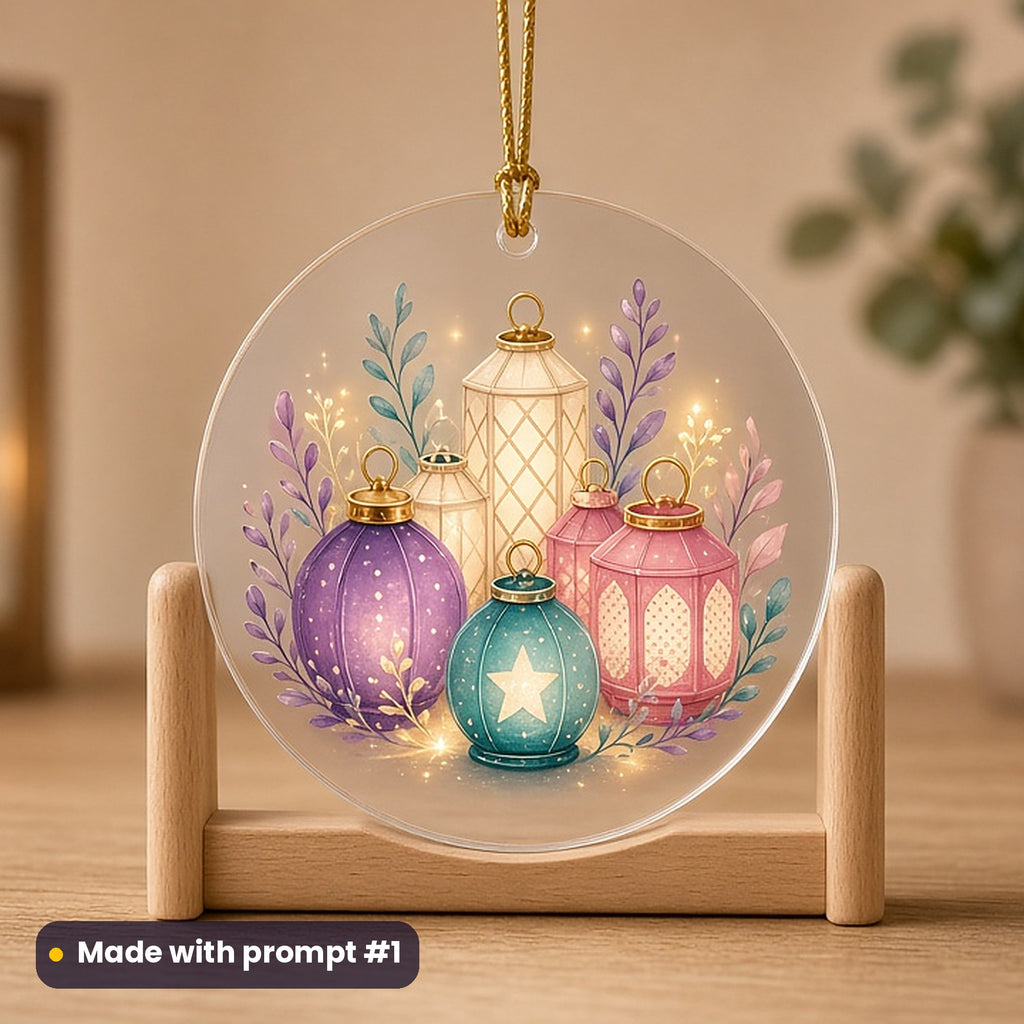 Eid al-Fitr artwork printed on a UV-printed clear acrylic ornament: cluster of glowing Eid lanterns in jewel colours, modern scandinavian style, made with prompt #1 from this pack