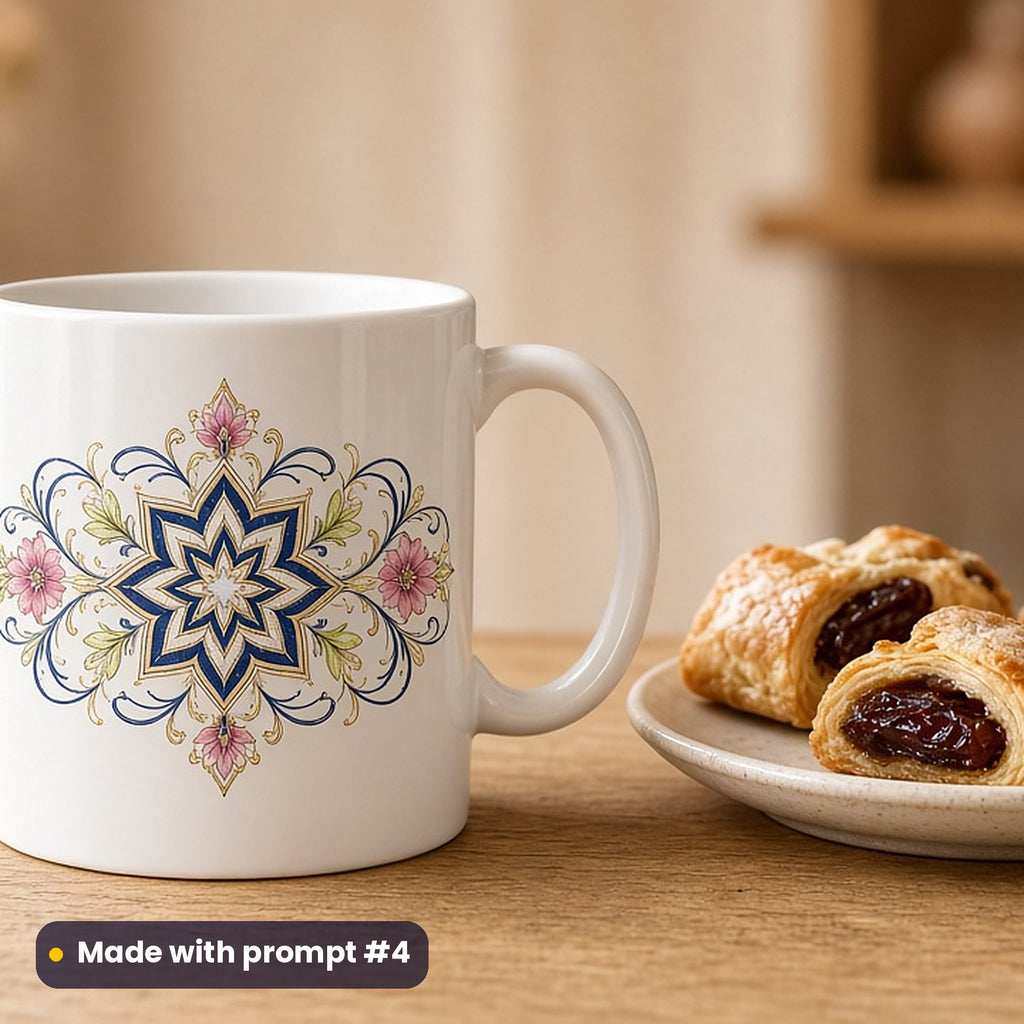 Eid al-Fitr artwork printed on a UV-printed ceramic mug: eight-pointed star medallion in gold and teal, elegant line & floral style, made with prompt #4 from this pack