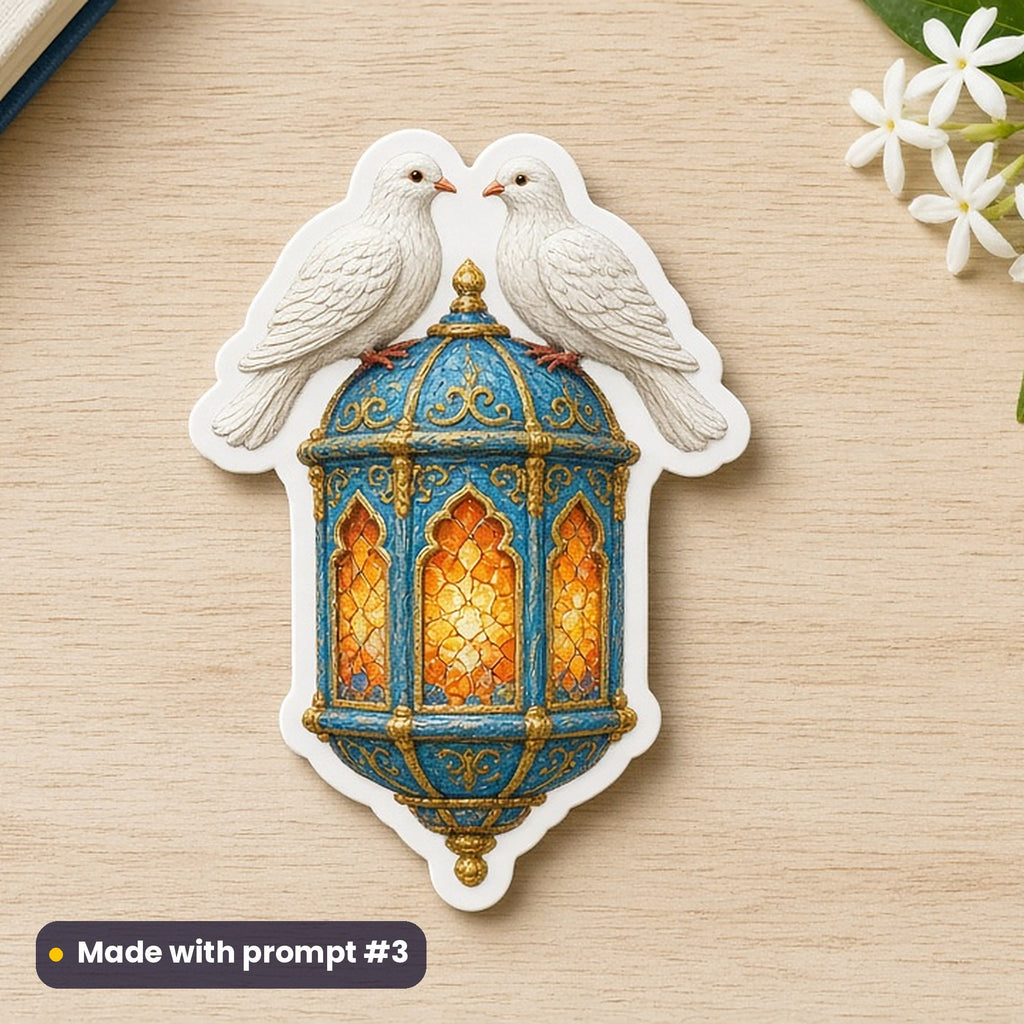 Eid al-Fitr artwork printed on a die-cut vinyl sticker: doves perched on a lantern, handcrafted clay illusion style, made with prompt #3 from this pack