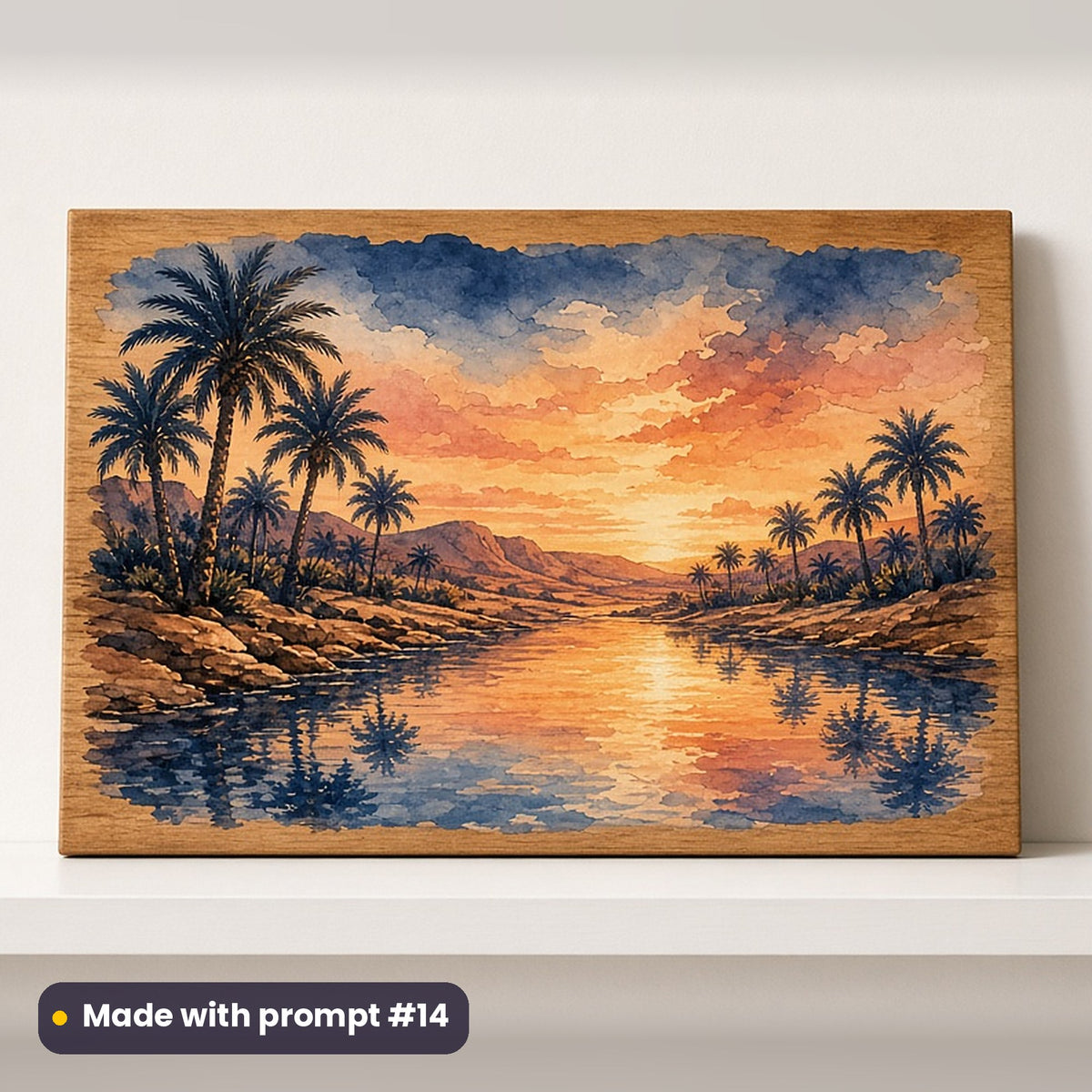 Eid al-Fitr artwork printed on a UV-printed wooden plaque: desert oasis at dawn with palms and still water, watercolour & ink style, made with prompt #14 from this pack