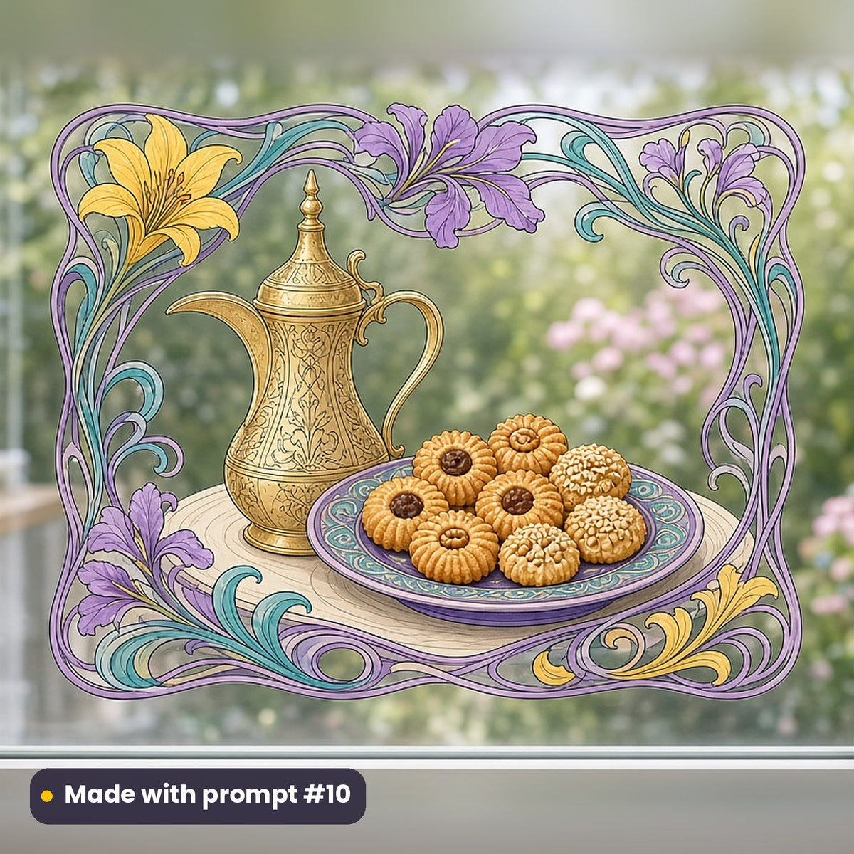 Eid al-Fitr artwork printed on a UV DTF decal on glass: brass dallah coffee pot beside a plate of festive pastries, art nouveau style, made with prompt #10 from this pack