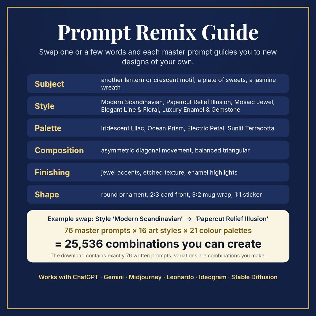 Prompt Remix Guide: swap subject, style, palette, composition, finishing and shape; 76 master prompts × 16 styles × 21 palettes = 25,536 combinations you can create