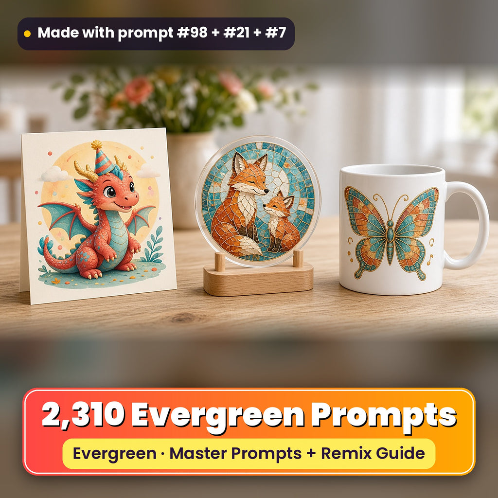 March Evergreen prompt library: 2,310 master prompts + Remix Guide, with a UV-printed greeting card, acrylic ornament and mug set made with prompts #98, #21 and #7