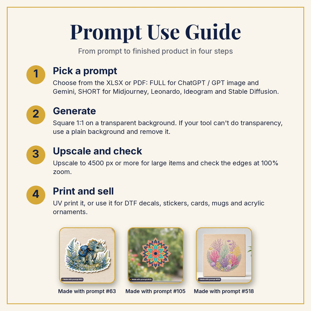 Prompt Use Guide: pick a prompt, generate, upscale and check, then print and sell, with example products made with prompts #63, #105 and #518