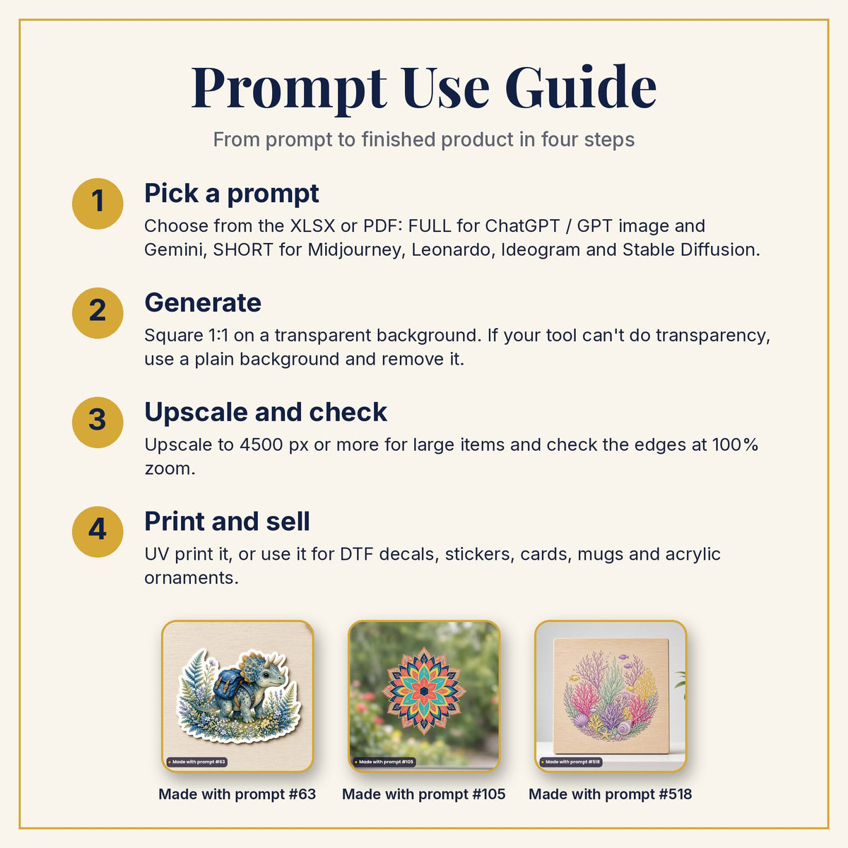 Prompt Use Guide: pick a prompt, generate, upscale and check, then print and sell, with example products made with prompts #63, #105 and #518