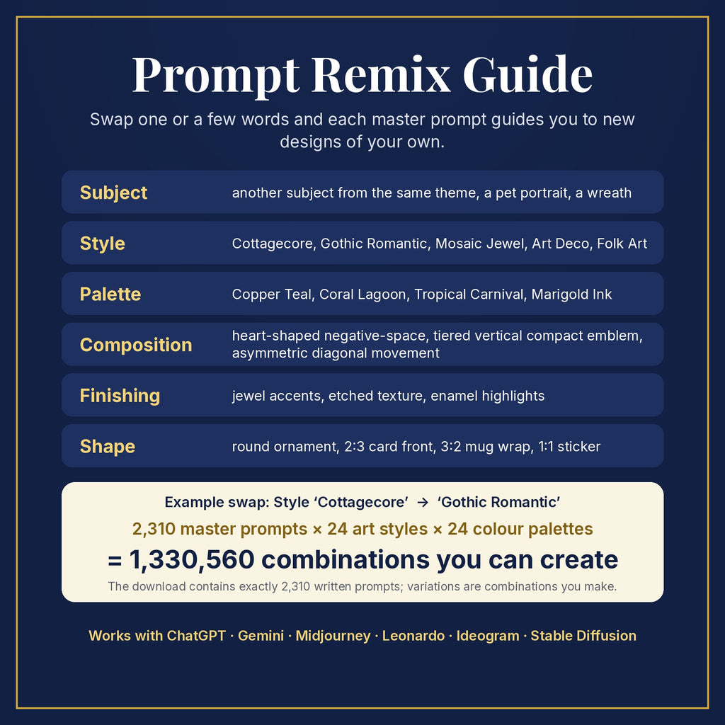 Prompt Remix Guide: swap subject, style, palette, composition, finishing and shape; 2,310 master prompts × 24 styles × 24 palettes = 1,330,560 combinations you can create
