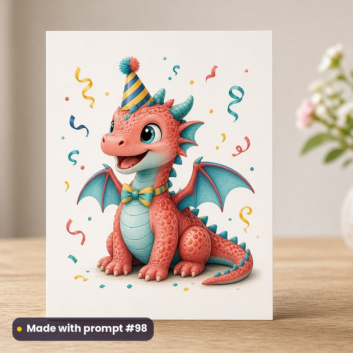 Celebration & Milestones artwork printed on a flat-printed greeting card: birthday dragon with tiny hat, premium sculpted 3d style, made with prompt #98 from this pack