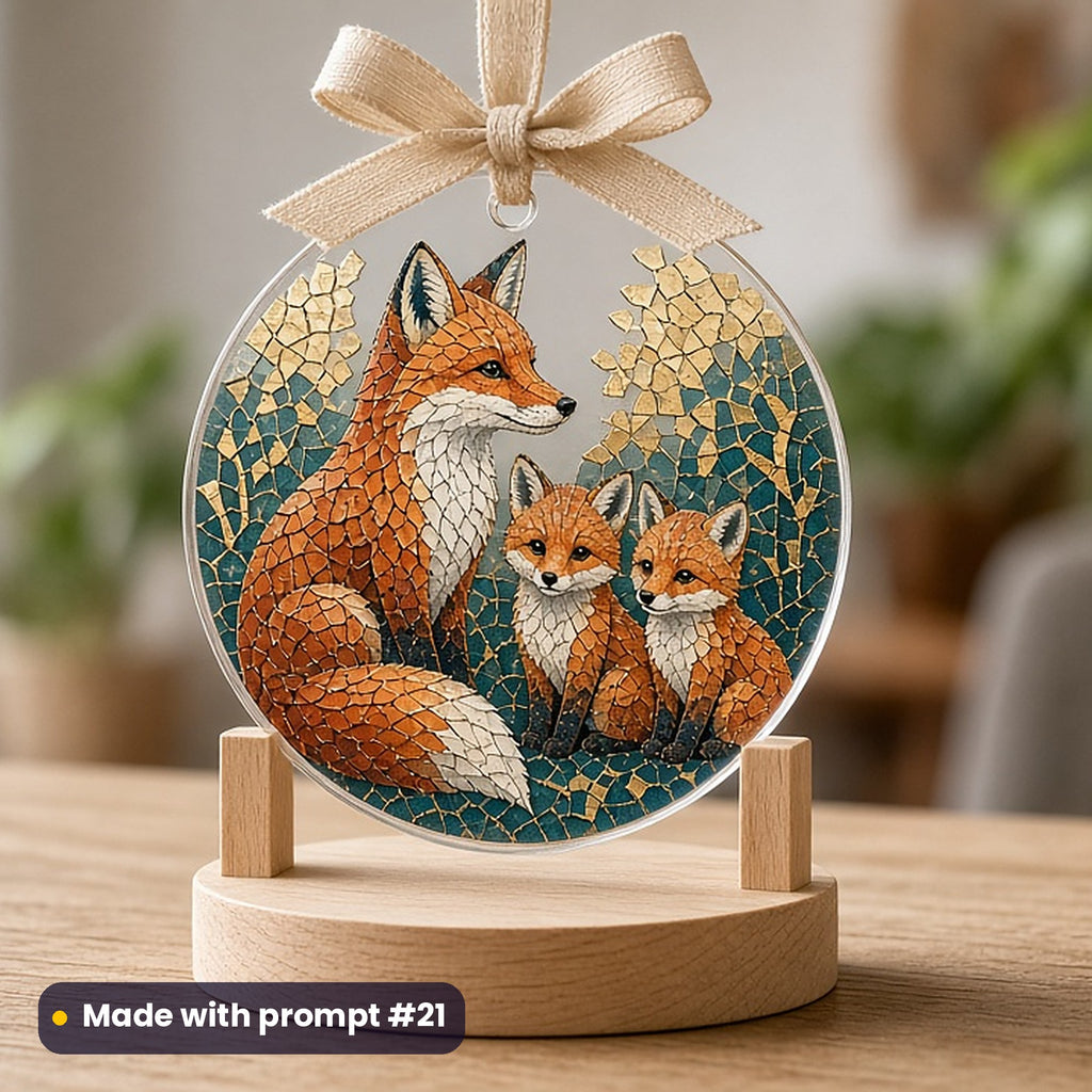 Pets & Animal Portraits artwork printed on a UV-printed clear acrylic ornament: fox family, mosaic jewel style, made with prompt #21 from this pack