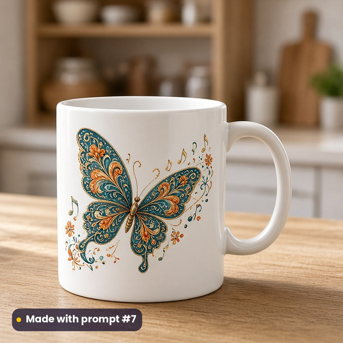 Music & Performing Arts artwork printed on a UV-printed ceramic mug: musical note butterfly, folk art style, made with prompt #7 from this pack