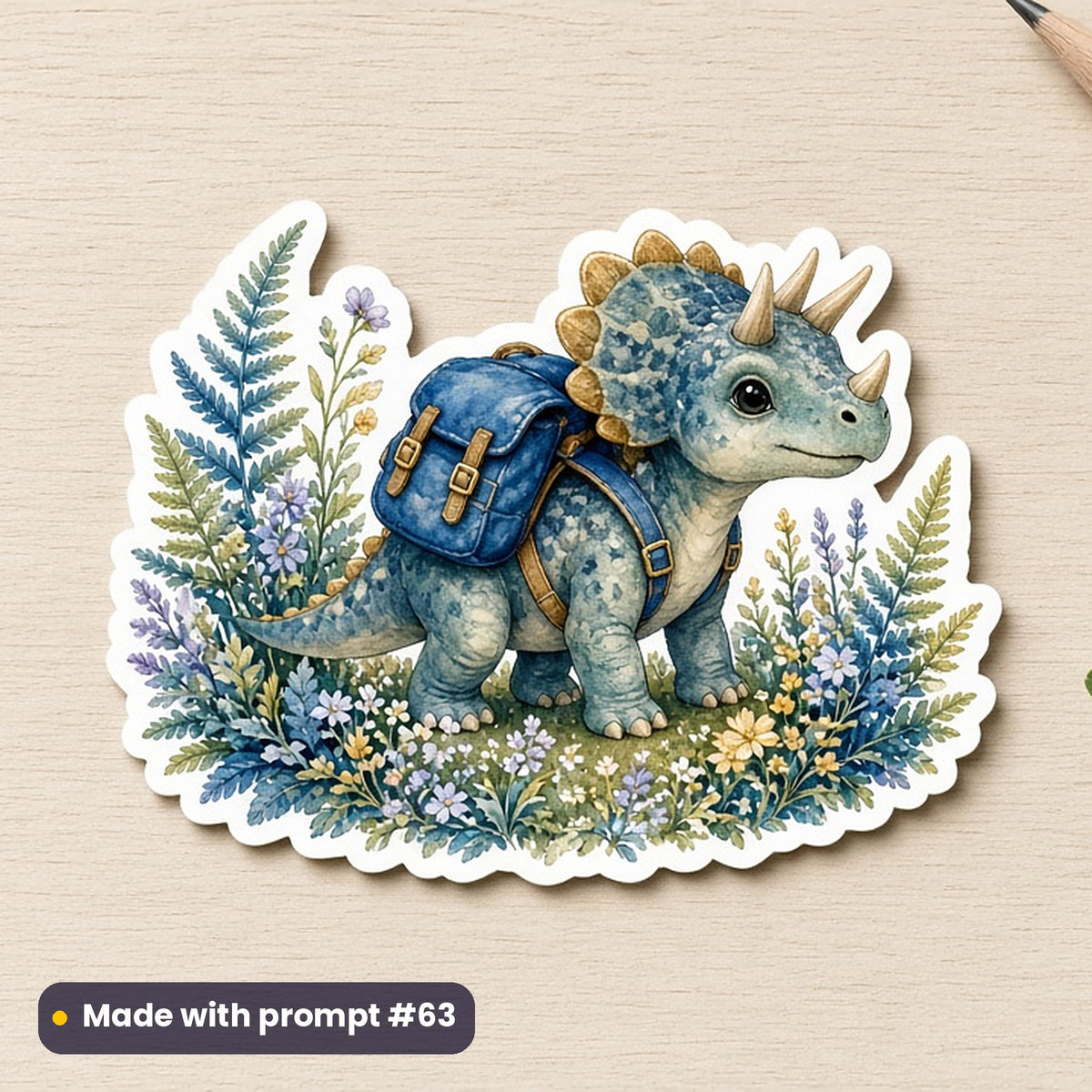 Kids Characters artwork printed on a die-cut vinyl sticker: baby dinosaur explorer, cottagecore style, made with prompt #63 from this pack