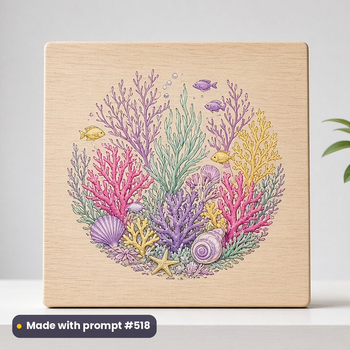 Travel & Coastal artwork printed on a UV-printed wooden plaque: coral reef medallion, elegant line & floral style, made with prompt #518 from this pack