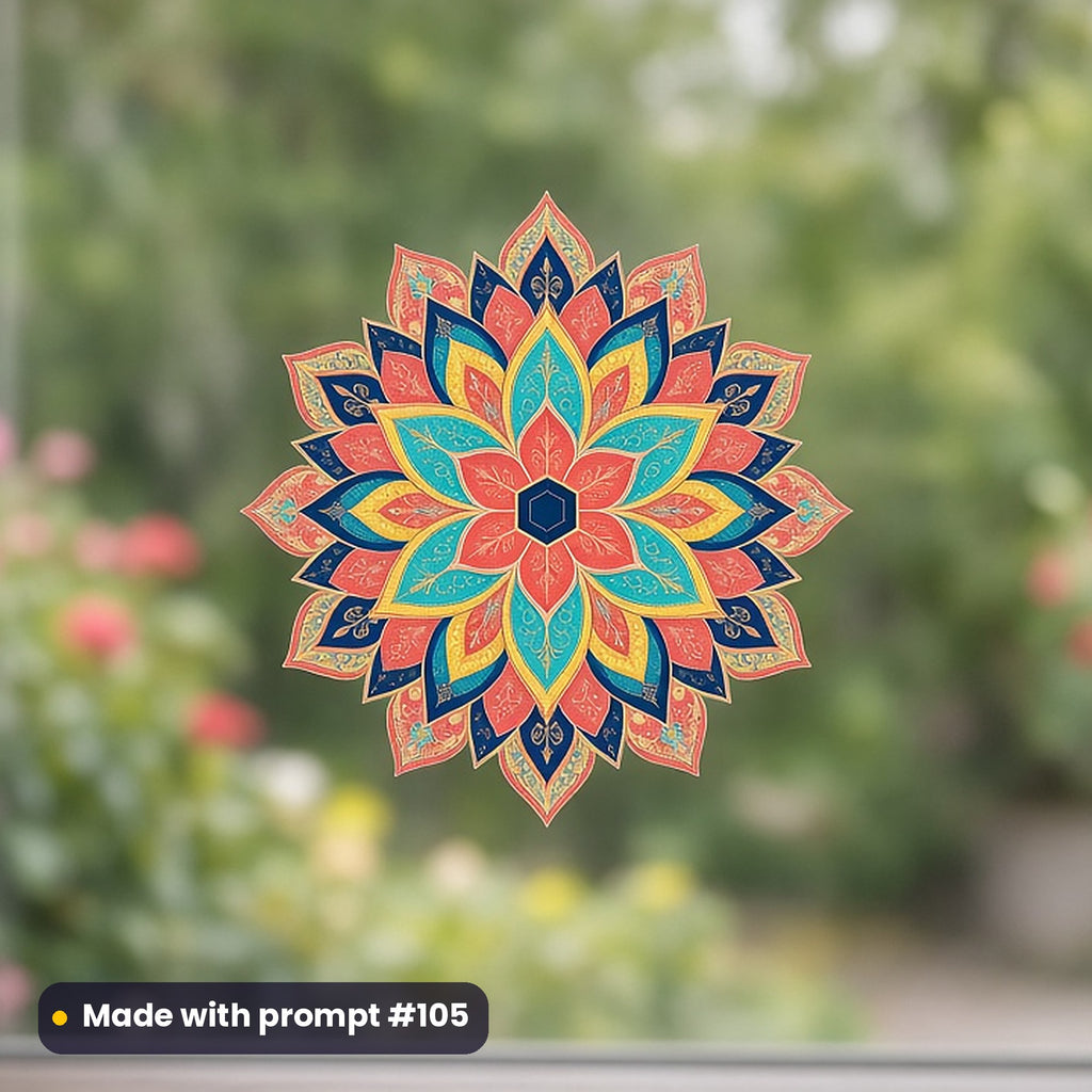 Geometric & Ornament artwork printed on a UV DTF decal on glass: radiating hexagonal blossom, fantasy heraldic style, made with prompt #105 from this pack