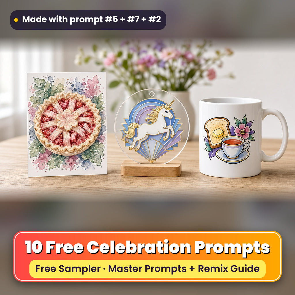 Worldwide Celebrations Free Prompt Sampler prompt pack: 10 master prompts + Remix Guide, with a UV-printed greeting card, acrylic ornament and mug set made with prompts #5, #7 and #2