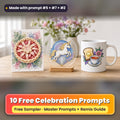 Worldwide Celebrations Free Prompt Sampler prompt pack: 10 master prompts + Remix Guide, with a UV-printed greeting card, acrylic ornament and mug set made with prompts #5, #7 and #2
