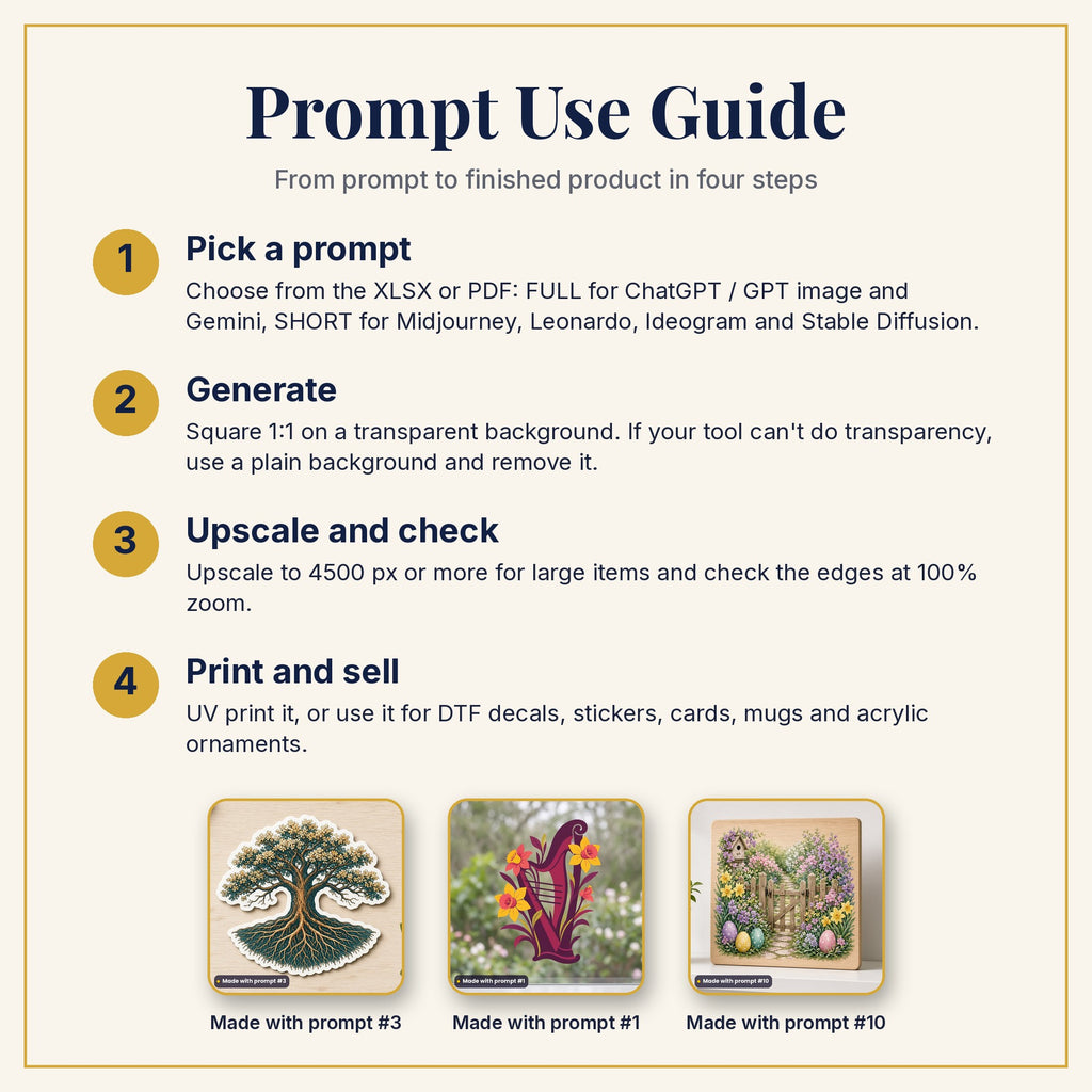 Prompt Use Guide: pick a prompt, generate, upscale and check, then print and sell, with example products made with prompts #3, #1 and #10