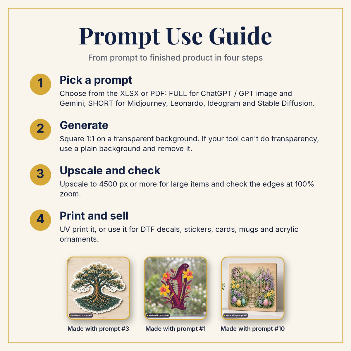 Prompt Use Guide: pick a prompt, generate, upscale and check, then print and sell, with example products made with prompts #3, #1 and #10