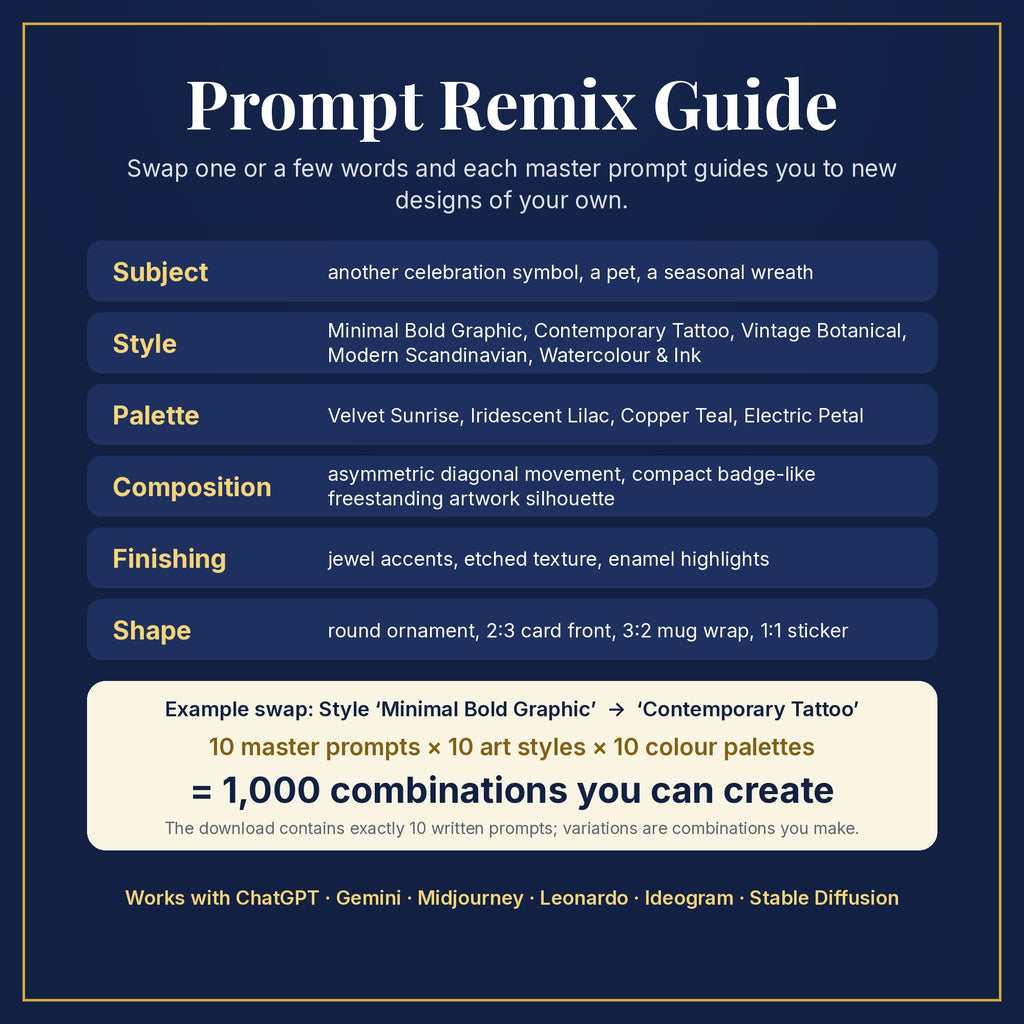 Prompt Remix Guide: swap subject, style, palette, composition, finishing and shape; 10 master prompts × 10 styles × 10 palettes = 1,000 combinations you can create