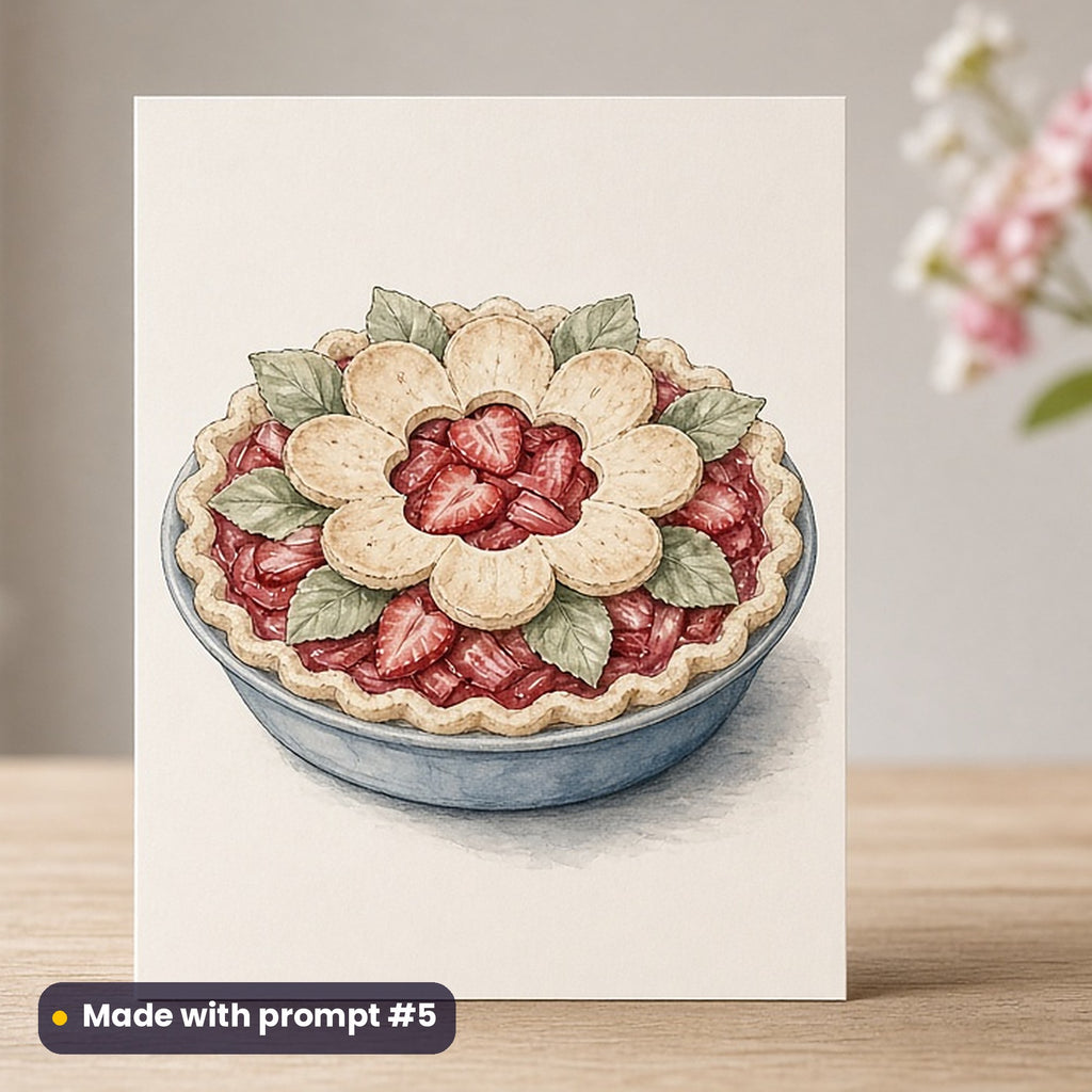 Pi Day artwork printed on a flat-printed greeting card: strawberry rhubarb pie with a flower-cut crust, watercolour & ink style, made with prompt #5 from this pack
