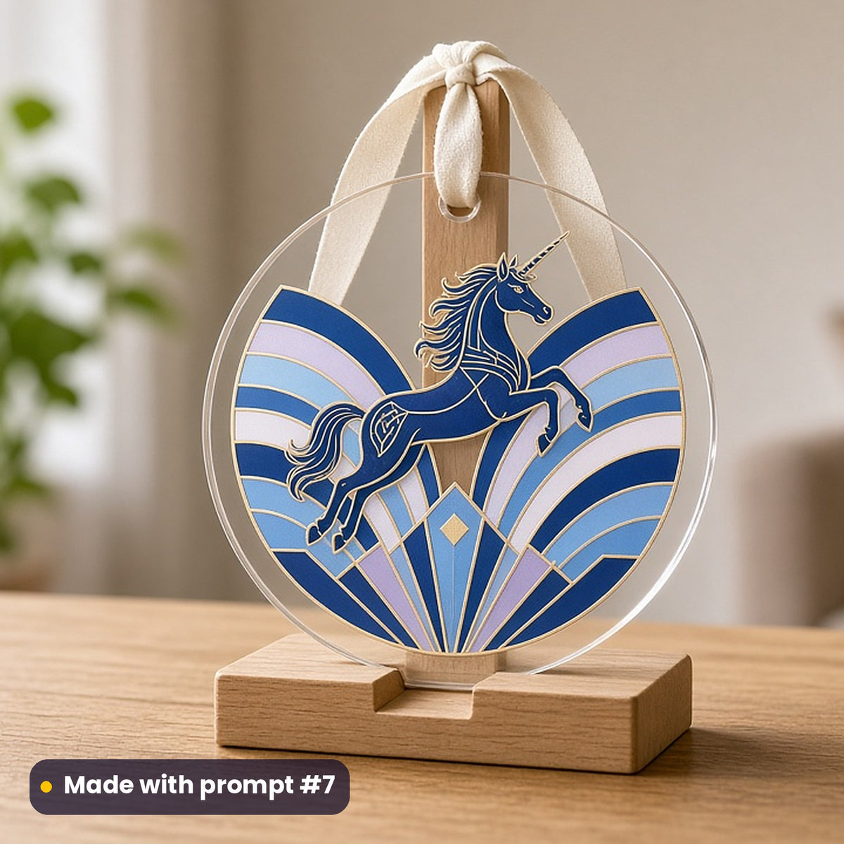 International Day of Happiness artwork printed on a UV-printed clear acrylic ornament: unicorn bouncing on a rainbow, art deco style, made with prompt #7 from this pack