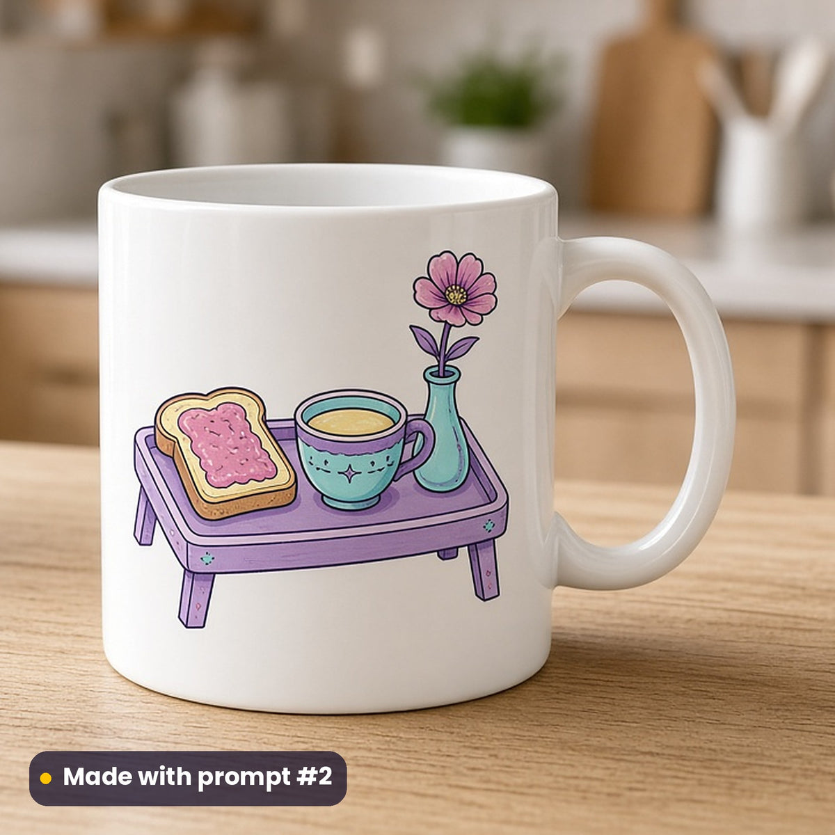 Mothering Sunday artwork printed on a UV-printed ceramic mug: breakfast in bed tray with toast, tea and a flower, contemporary tattoo style, made with prompt #2 from this pack
