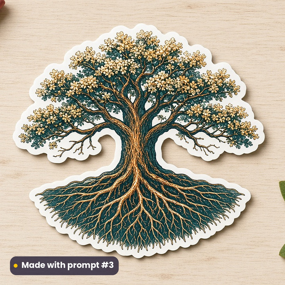 International Women's Day artwork printed on a die-cut vinyl sticker: tree with deep roots and blooming branches, vintage botanical style, made with prompt #3 from this pack