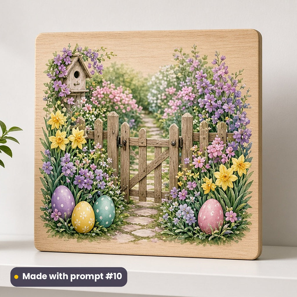 Easter artwork printed on a UV-printed wooden plaque: Easter garden with a little wooden gate, cottagecore style, made with prompt #10 from this pack